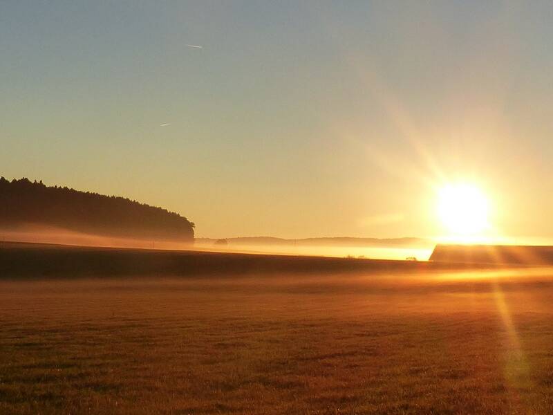 Sonnenaufgang über Wiesen und Wäldern